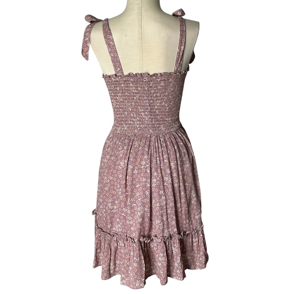 Becool Floral Smocked Mini Dress Peach Tie Shoulder Ruffle Hem Small NWT - Picture 3 of 7